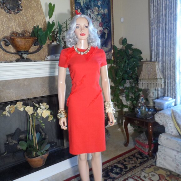 Altuzarra Vibrant Red Sheath Dress w/Asymetrical Fringe Detail Sise FR 36- US 4 - Picture 5 of 16